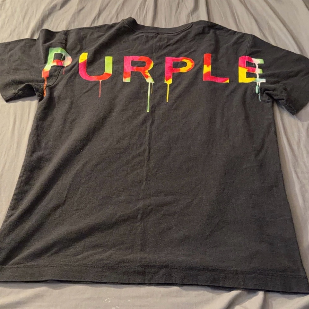 Black Purple Brand drip tee with multi-coloured accents